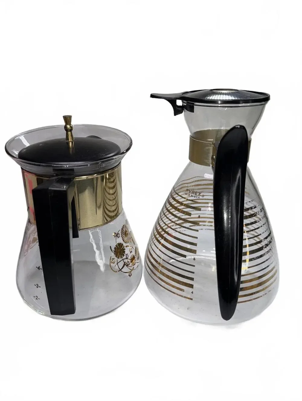 2 1960's Vintage Pyrex Coffee Carafe & Flameware Coffee Pot Lot Gold Mid Century